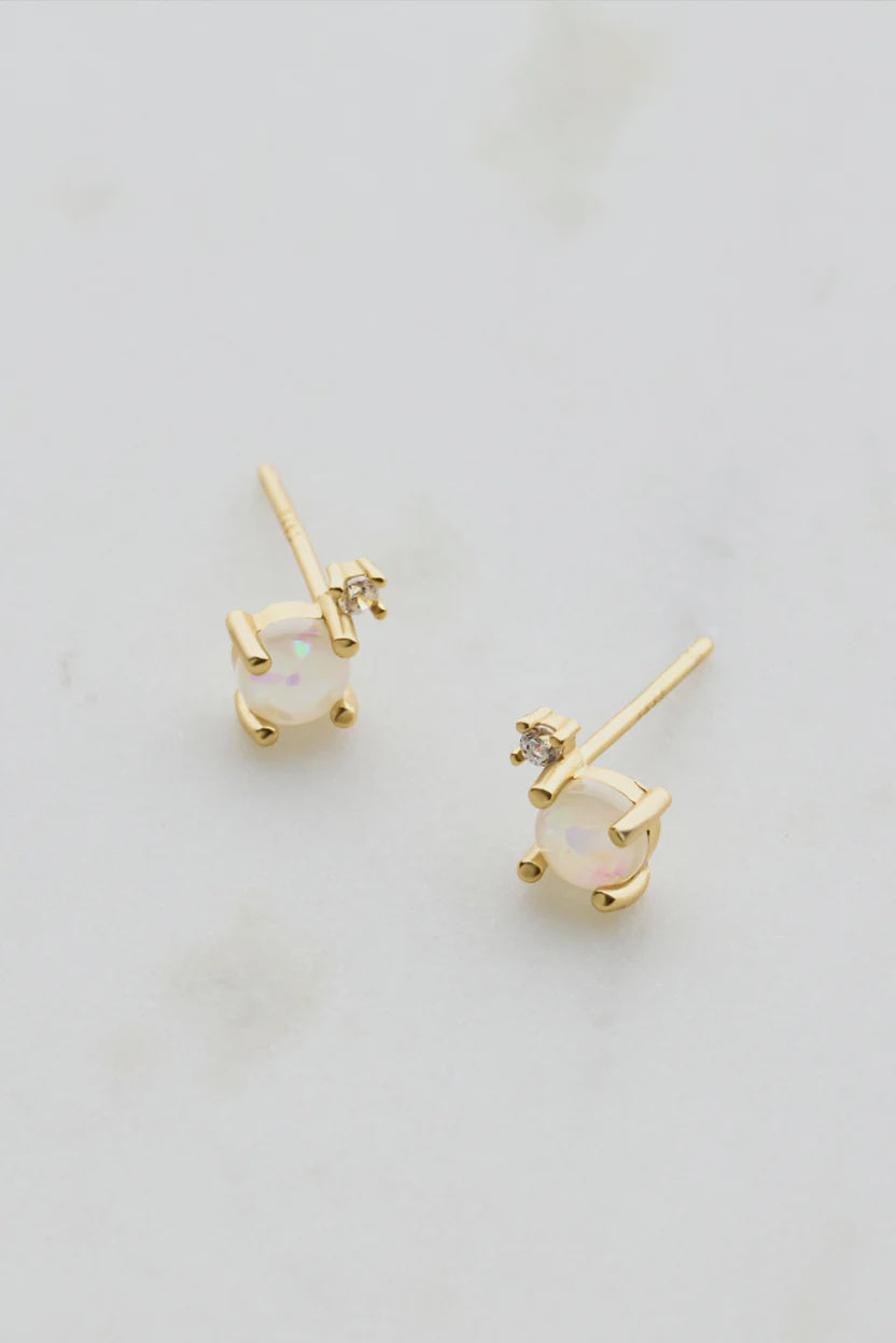 White Opal & Crystal Stud - 925 Sterling Silver - Gold (7179)