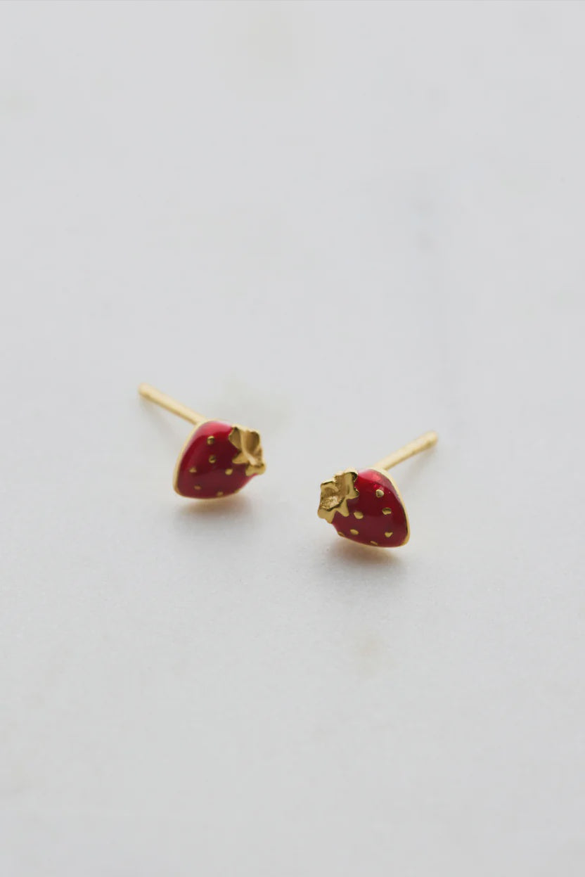 Strawberry Stud Earring - Red - 925 Sterling Silver - Gold (7215)