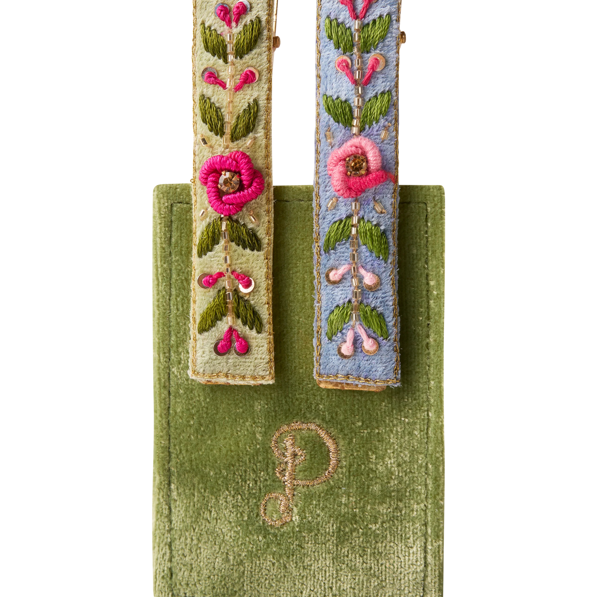 Embroidered Hair Bars -Mint/Cornflower Floral Vines