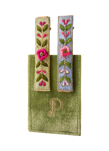 Embroidered Hair Bars -Mint/Cornflower Floral Vines