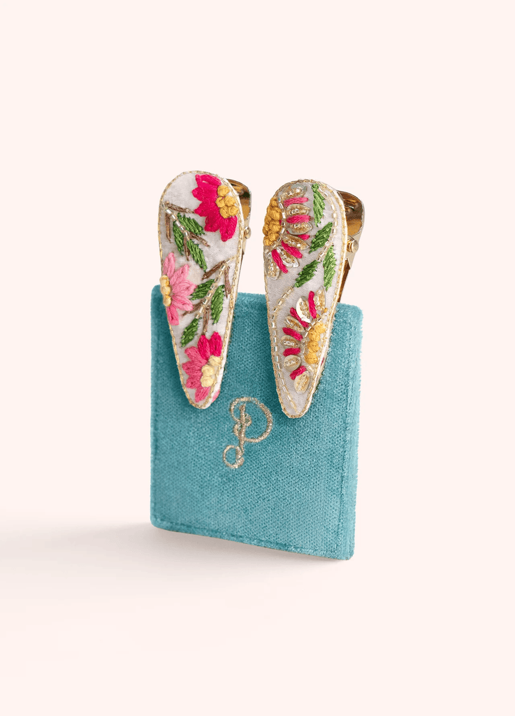 2 Hair Clips - Cream Flora