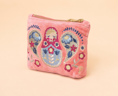 Velvet Embroidered Mini Pouch - Matryoshka Doll, Petal