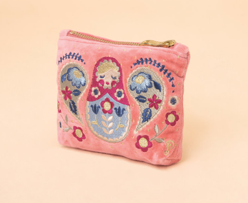 Velvet Embroidered Mini Pouch - Matryoshka Doll, Petal