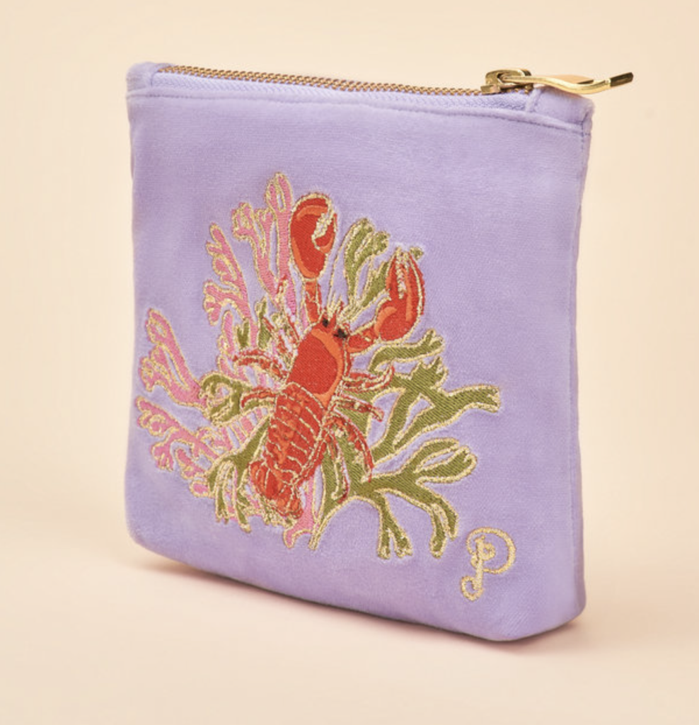 Velvet Embroidered Mini Pouch - Lobster Buddies, Lavender