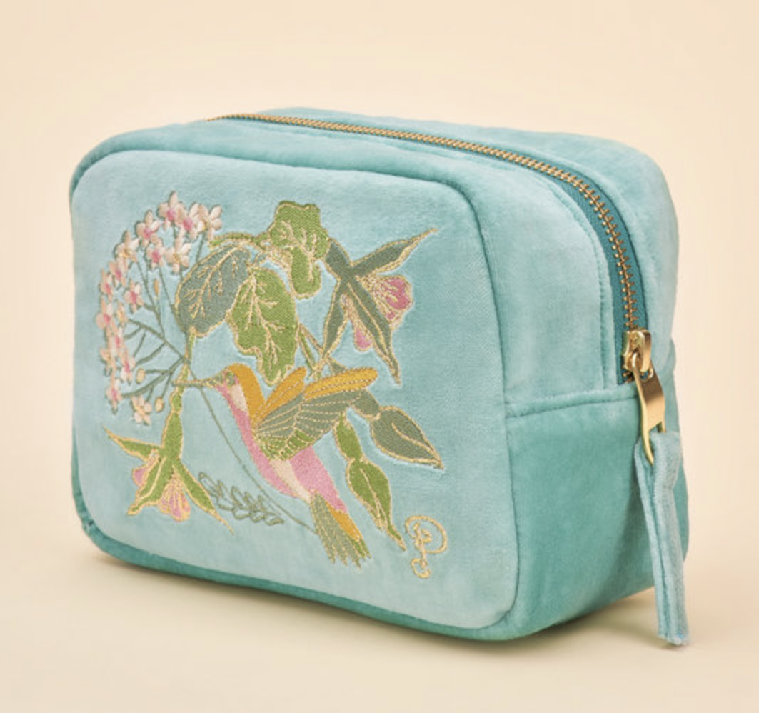 Velvet Make Up Bag - Hummingbird - Aqua