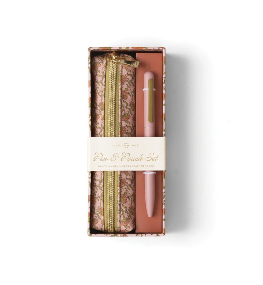 Pen & Pouch Set - Pink Vintage Floral