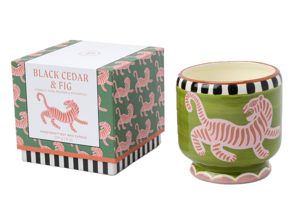 A Dopo 8 oz Handpainted " Tiger" Ceramic Candle - Black Cedar & Fig