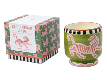 A Dopo 8 oz Handpainted " Tiger" Ceramic Candle - Black Cedar & Fig