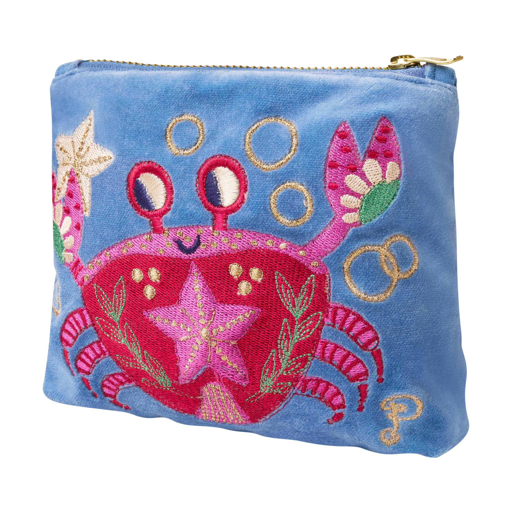 Velvet Embroidered Mini Pouch - Seafaring Crab Cornflower