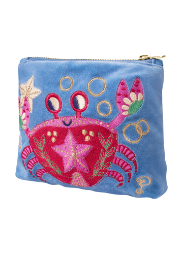 Velvet Embroidered Mini Pouch - Seafaring Crab Cornflower
