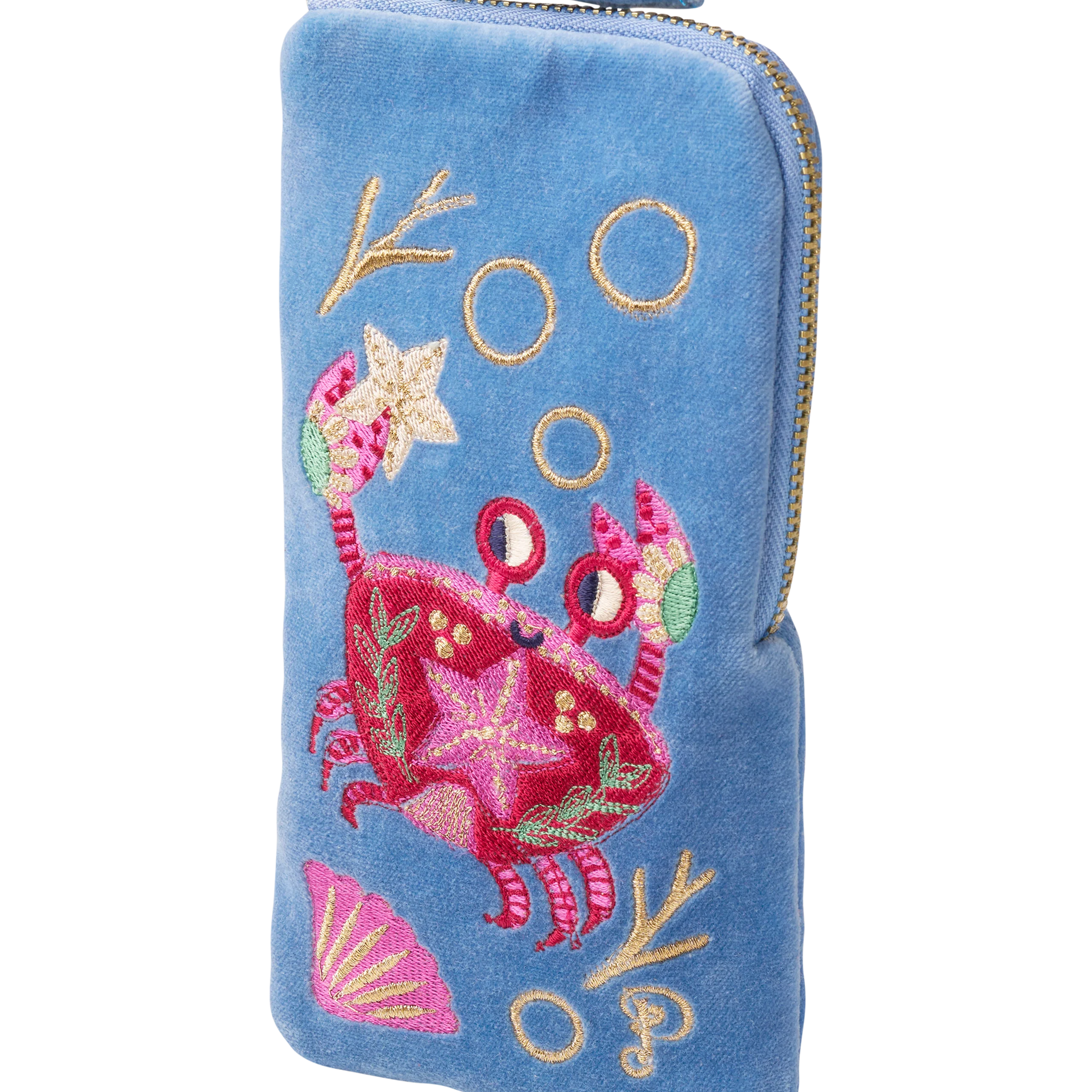 Velvet Sunglasses Pouch - Seafaring Crab Cornflower