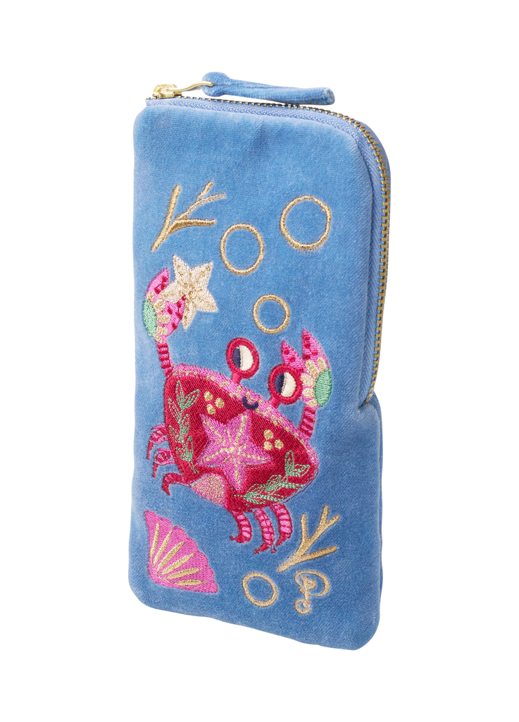 Velvet Sunglasses Pouch - Seafaring Crab Cornflower