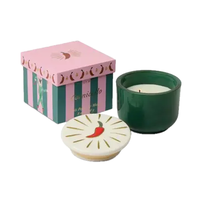 Charmed 8oz Green Glass w/ Embossed Chili Ceramic Lid & Printed Box - Chili Pepper & Mango