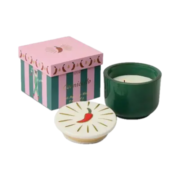 Charmed 8oz Green Glass w/ Embossed Chili Ceramic Lid & Printed Box - Chili Pepper & Mango