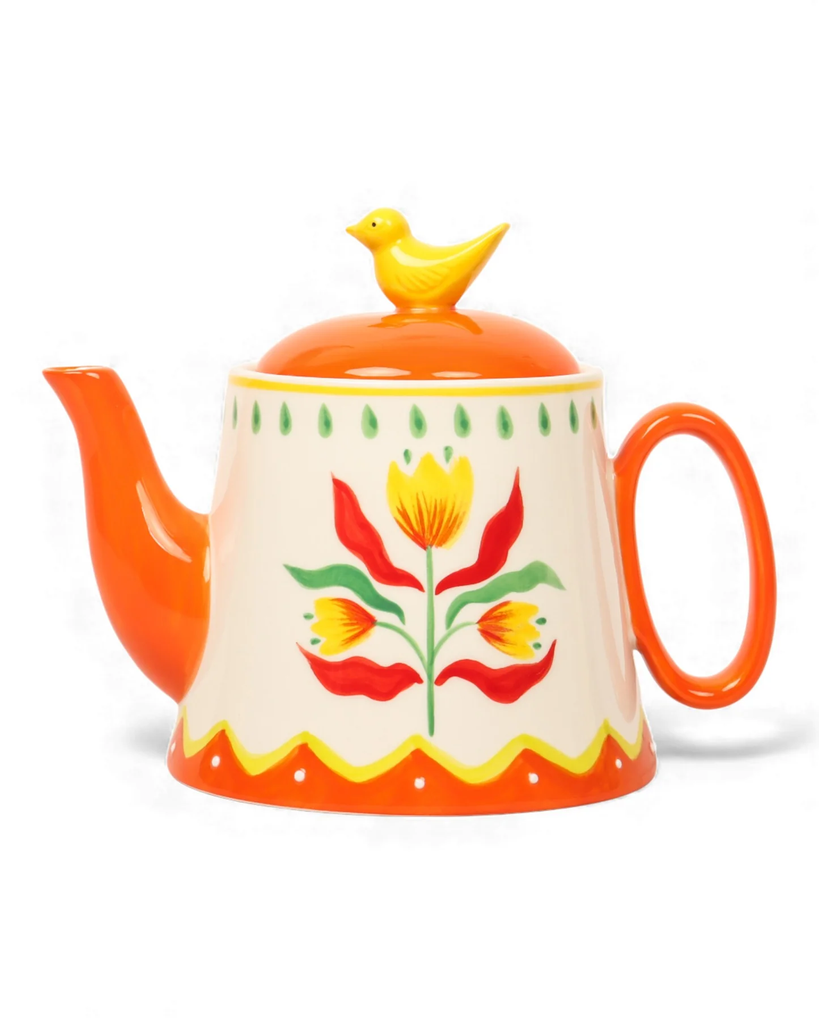 Retro Folk Stoneware Hand Painted Teapot
