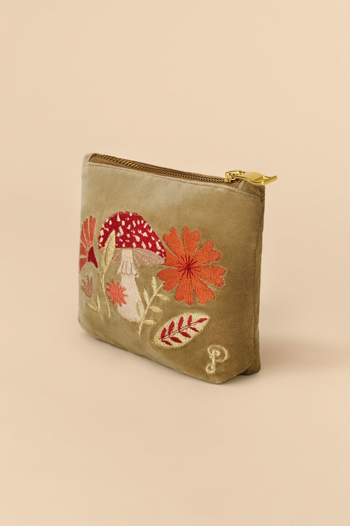 Velvet Embroidered Mini Pouch - Tranquil Toadstool - Sage