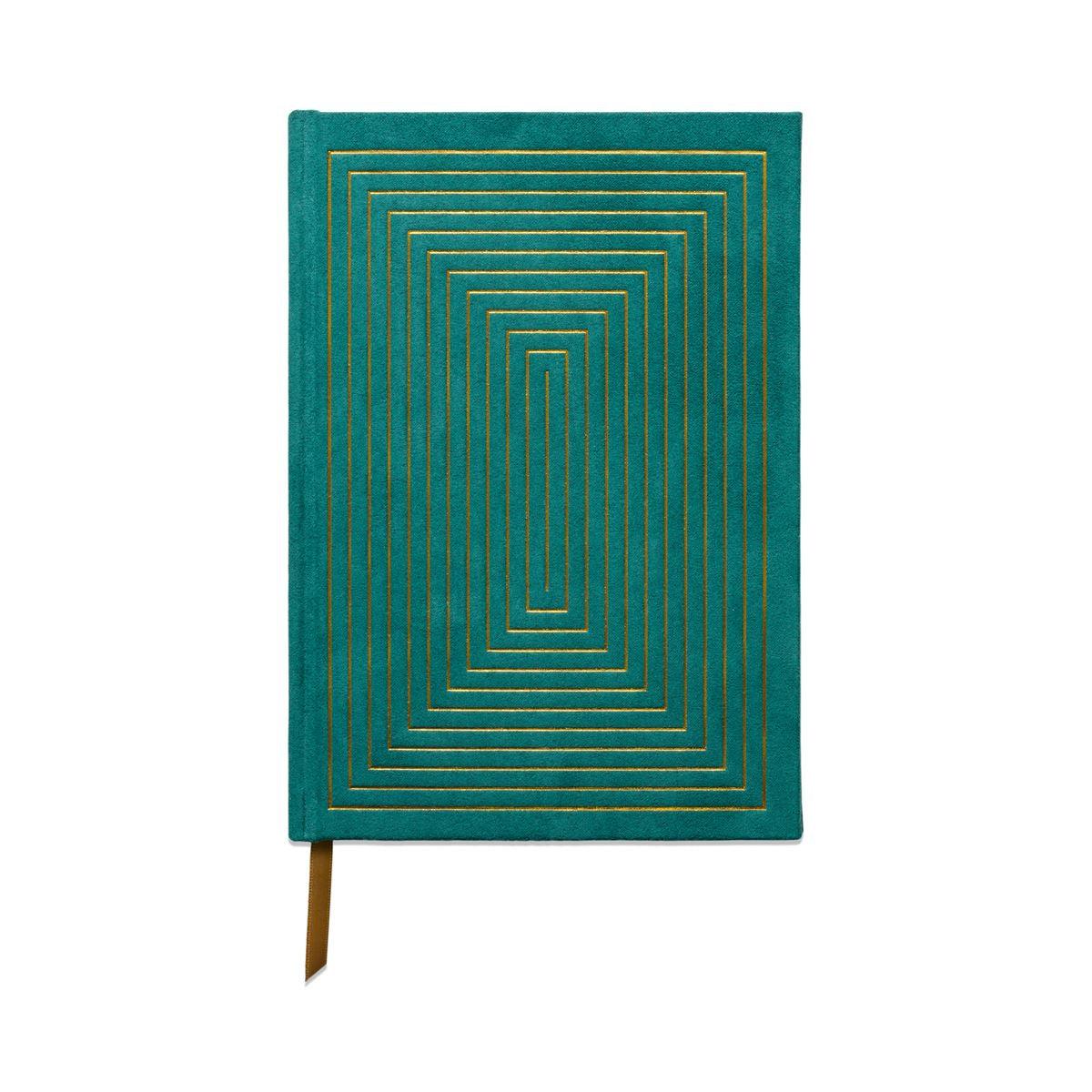 Hard Cover Suede Cloth Journal With Pocket - Linear Boxes Green - Handworks Nouveau Paperie