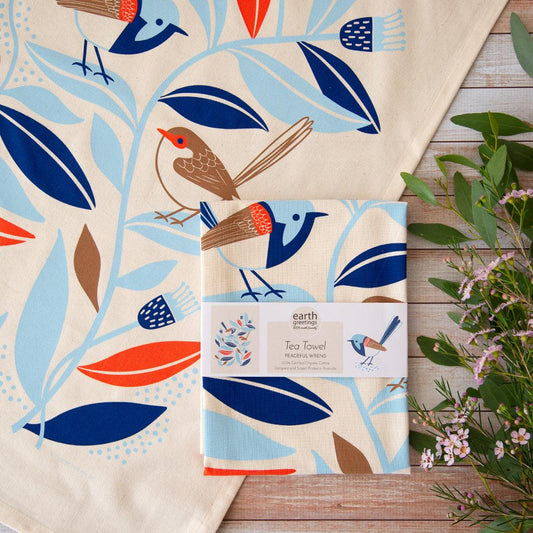 Tea Towel - Peaceful Wrens - Handworks Nouveau Paperie