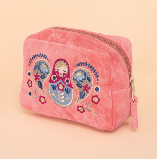 Velvet Embroidered Make-Up Bag - Matryoshka Doll, Petal - Handworks Nouveau Paperie