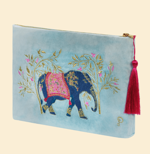 Velvet Zip Pouch - Elephant in Cornflower - Handworks Nouveau Paperie